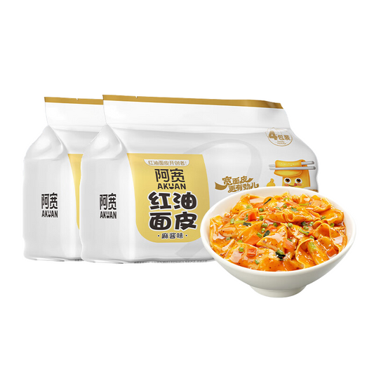 (4 Packungen) Baijia A-Kuan Instant Nudeln Sichuan Rotes Öl Breite Nudel, Sesamsaucengeschmack, leicht scharf 480g(120g*4)